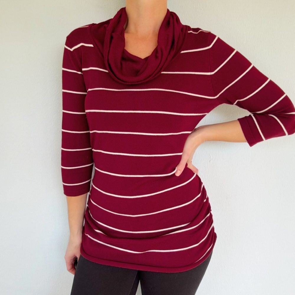 Pink Rose maroon white stripe cowl neck 3/4 sleeve long tunic sweater size large